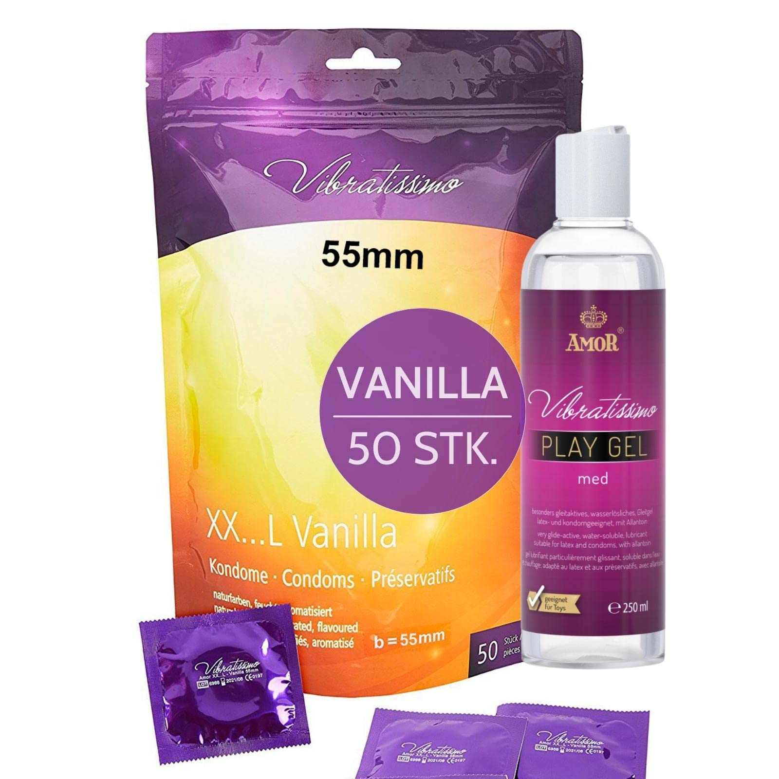 Vibratissimo Vanilla Kondome 50er + Gleitgel 55 mm Vanille