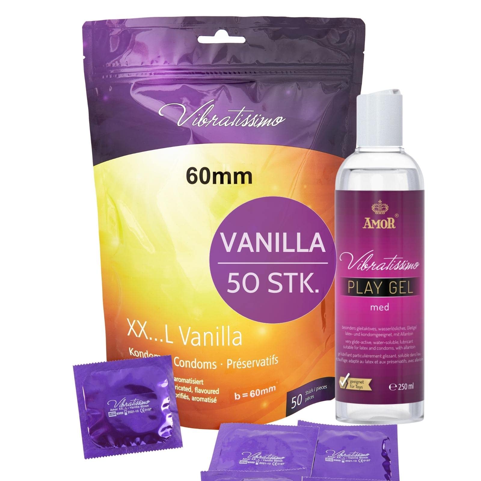 Vibratissimo Vanilla Kondome 50er 60 mm + Gleitgel 250ml