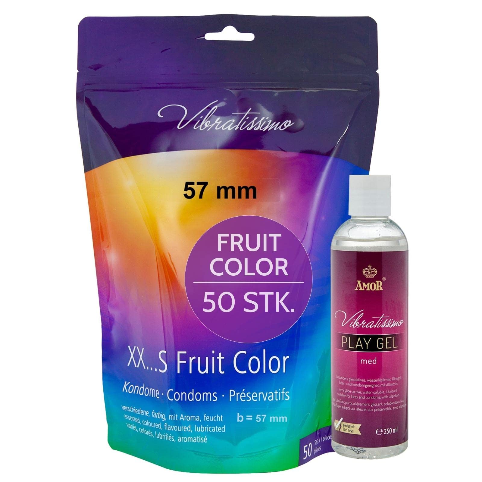 Vibratissimo Fruit Color Kondome 50er + Gleitgel 57 mm fruchtig