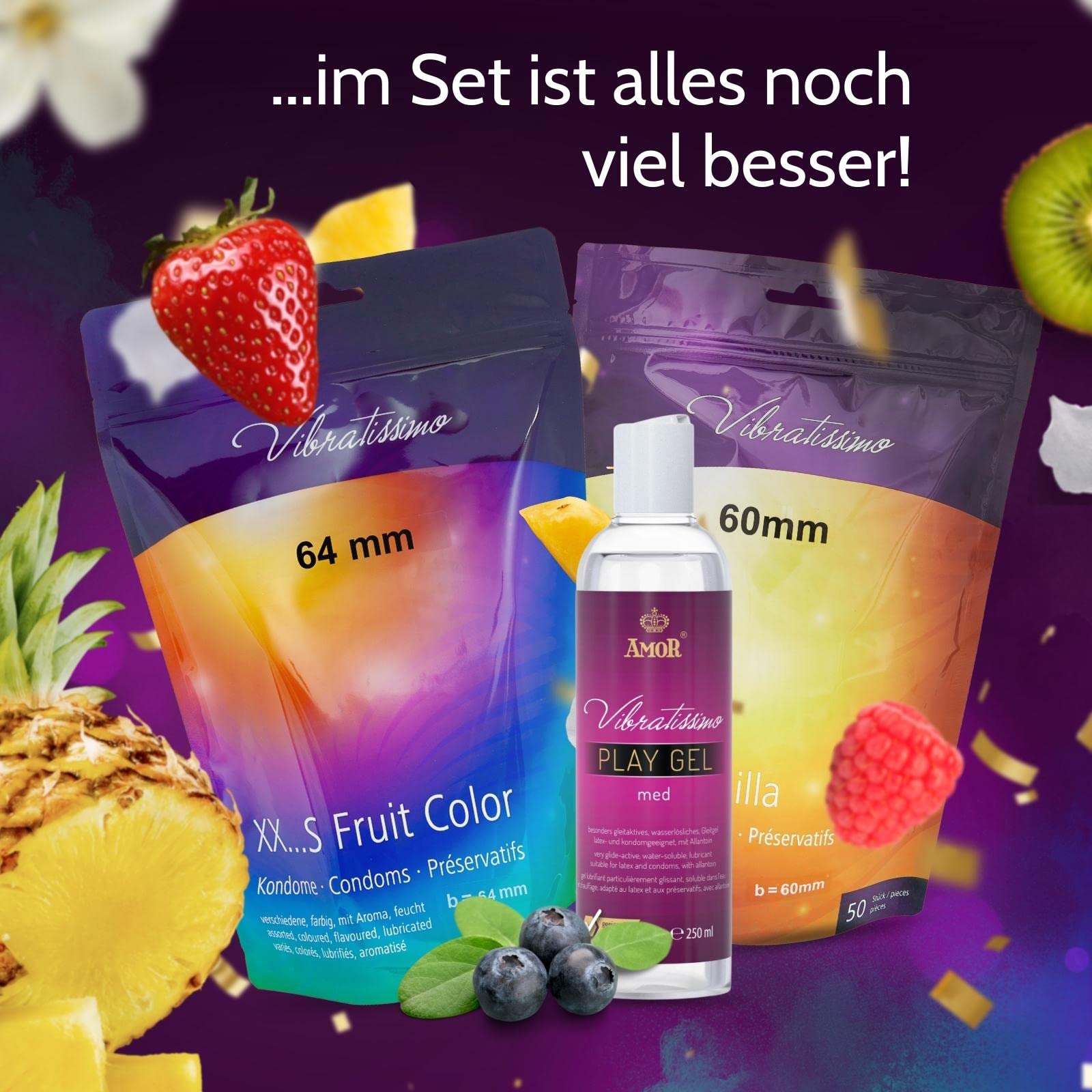 Vibratissimo Fruit Color Kondome 50er + Gel 60 mm Set farbig