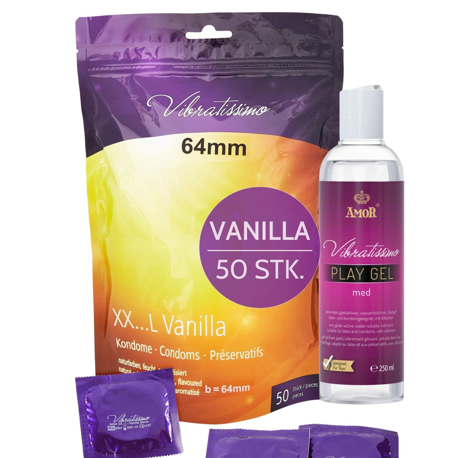 Vibratissimo Vanilla Kondome 50er + Gel 64 mm Vanille Set